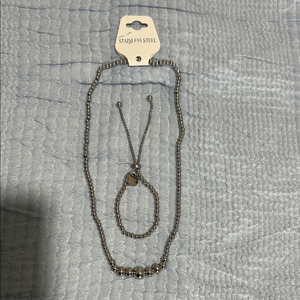 Stainless Steel Silver Beaded Necklace and Bracelet Set